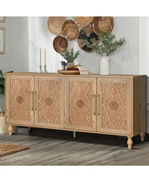 Carved Wood Storage Cabinet with Metal Handles