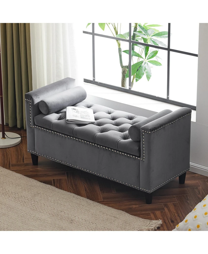 Streamdale Furniture 44.5" Velvet Storage Bench with Armrests and Nailhead Trim