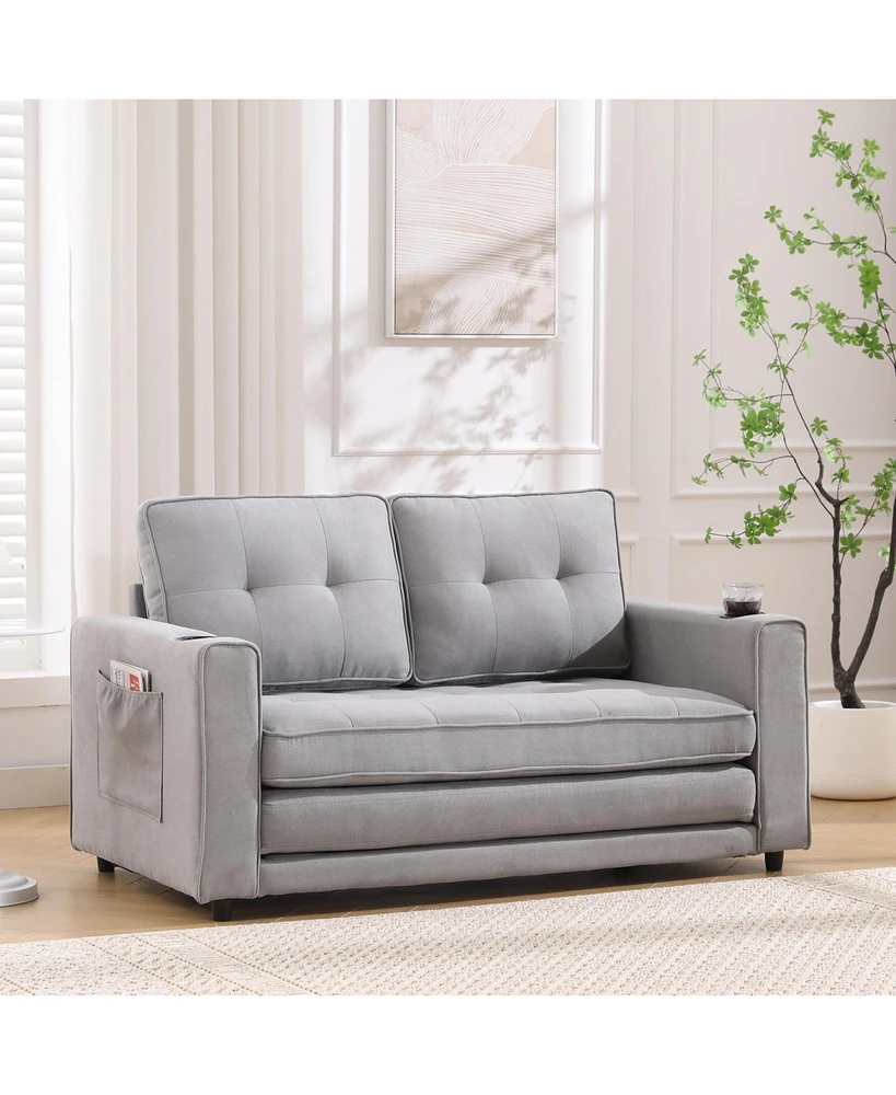 Simplie Fun 3-in-1 Tufted Futon Sofa Bed with Side Pockets and Cup Holders