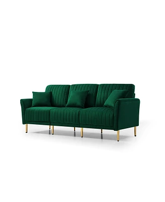 Simplie Fun Green Velvet 3-Seat Sofa with Reversible Cushions