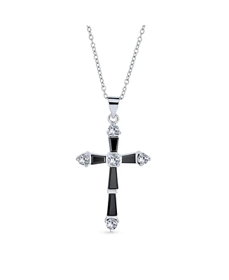 Bling Jewelry Religious Faith Hope Love Cz Accent Black Natural Onyx Cross Pendant Necklace For Women Silver Plated