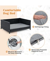 Slickblue Rattan Dog Bed with Waterproof Soft Cushion for Medium Small Dogs Cats-Grey