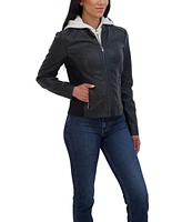 Sebby Collection Women's Zip Front Faux Leather Jacket With Removeable Hood Bib