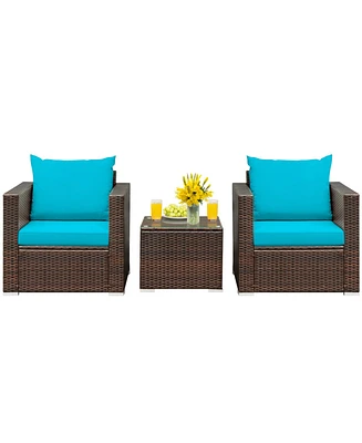 3 Pieces Patio Conversation Rattan Furniture Set with Cushion