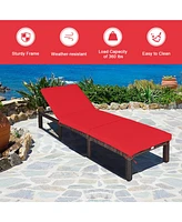 Gymax 2PCS Adjustable Patio Rattan Chaise Lounge Chair Recliner Outdoor w/ Red Cushion