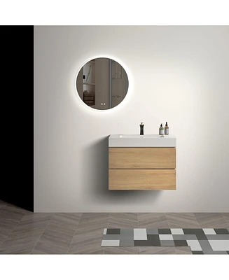 Simplie Fun 30" Wall-Mounted Vanity: Natural Oak, Glossy White Basin