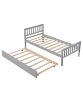 Twin Bed with Trundle, Platform Frame, Headboard/Footboard, Grey