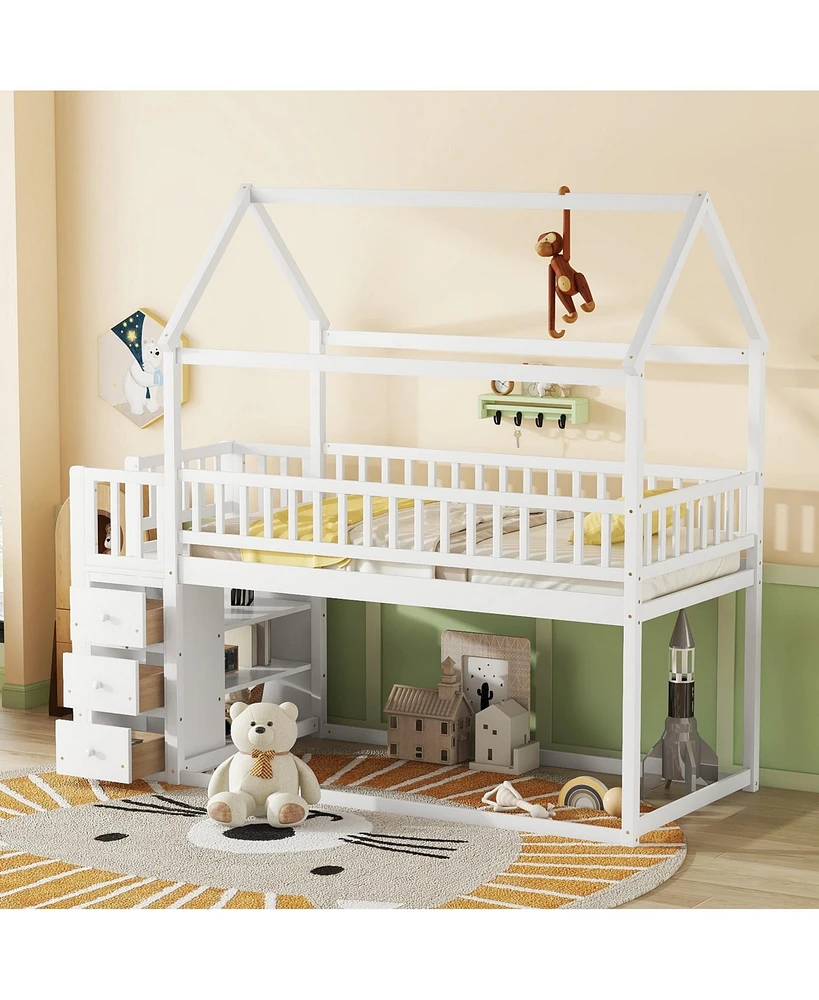 Simplie Fun Twin House Bunk Bed with Shelves, Drawers, and Playful Roof Design