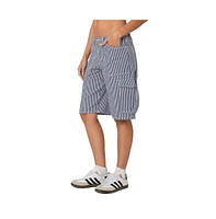 Edikted Women's Friday striped low rise cargo shorts - Navy-and