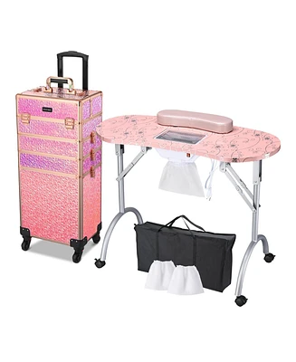 Byootique 4in1 Rolling Makeup Train Case w/ Manicure Table Nail Desk Wheels