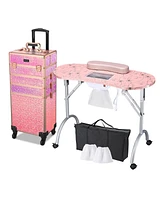 Byootique 4in1 Rolling Makeup Train Case w/ Manicure Table Nail Desk Wheels