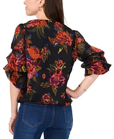 Sam & Jess Petite V-Neck Floral-Print Gathered-Sleeve Top