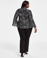 Vince Camuto Plus Size Printed Tie Neck Blouse Flare Leg Pull On Pants