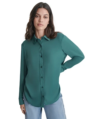 Dkny Jeans Petite Buttoned-Cuff Fold-Collar Blouse