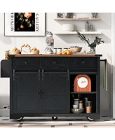 Big Black Wood Grain Farmhouse Kitchen Island with Power Outlet and Sliding Barn Doors