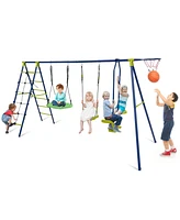 Slickblue 6-in-1 Patio Kids Swing Set with Climbing Net and Ladder