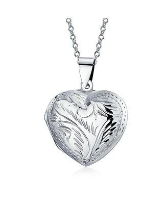 Bling Jewelry Simple Plain Keepsake Domed Puff carved Leaf Heart Shaped Photo Locket For Women Holds Photos Pictures Silver Necklace Pendant Large