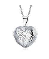 Bling Jewelry Simple Plain Keepsake Domed Puff carved Leaf Heart Shaped Photo Locket For Women Holds Photos Pictures Silver Necklace Pendant