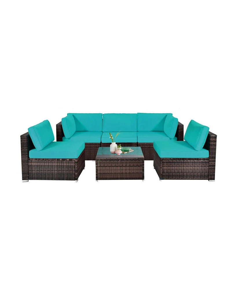 6 Pieces Patio Rattan Furniture Set with Cushions and Glass Coffee Table-Turquoise