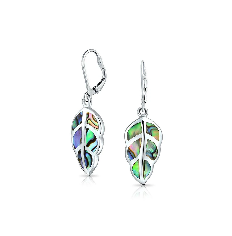 Bling Jewelry Rainbow Shell Nature Iridescent Leaf Drop Dangle Lever back Abalone Earrings For Women For Sterling Silver - Multi