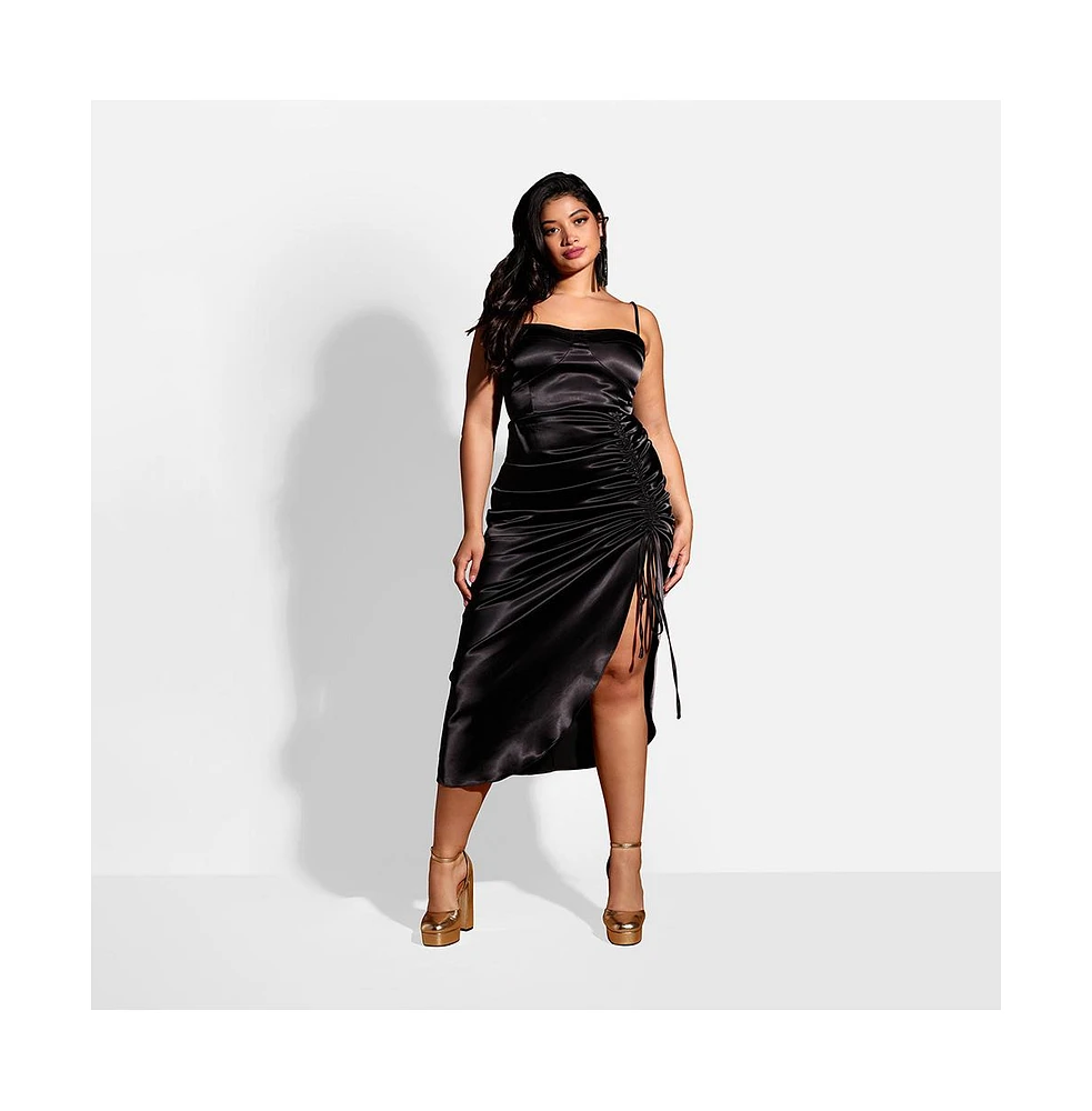 Rebdolls Plus Size Mina Satin Adjustable Ruched Midi Bodycon Dress