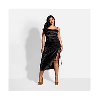 Rebdolls Plus Size Mina Satin Adjustable Ruched Midi Bodycon Dress