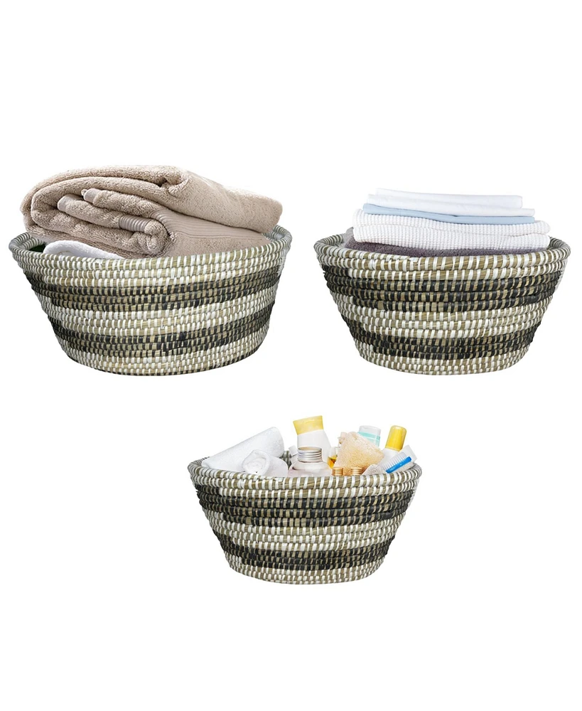 Slickblue Natural Canes Grass Baskets Stackable Storage Bins Set of 3 with Hollowed Handles