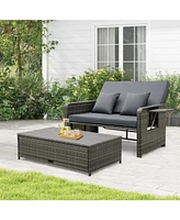 Patio Wicker Loveseat Sofa with Multipurpose Ottoman and Retractable Side Tray