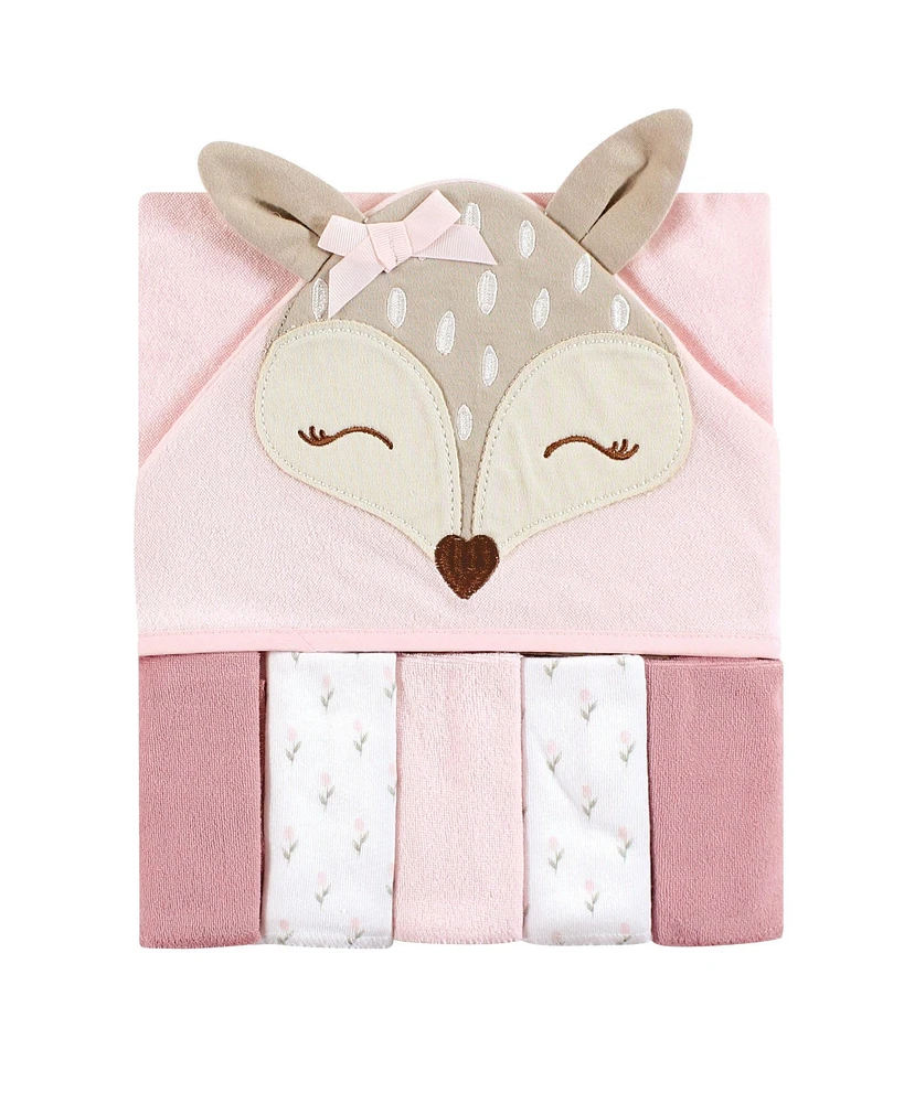 Hudson Baby Infant Girl Hooded Towel and Five Washcloths, Fawn, One Size