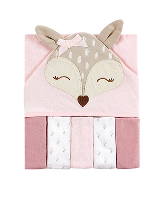 Hudson Baby Infant Girl Hooded Towel and Five Washcloths, Fawn, One Size