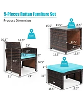 Sugift 5 Pieces Patio Rattan Furniture Set with Ottoman and Tempered Glass Coffee Table