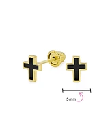 Bling Jewelry Tiny Minimalist Religious Christian 3D Mini Cross Stud Earrings For Women Black Enamel14K Yellow Gold Safety Screw back