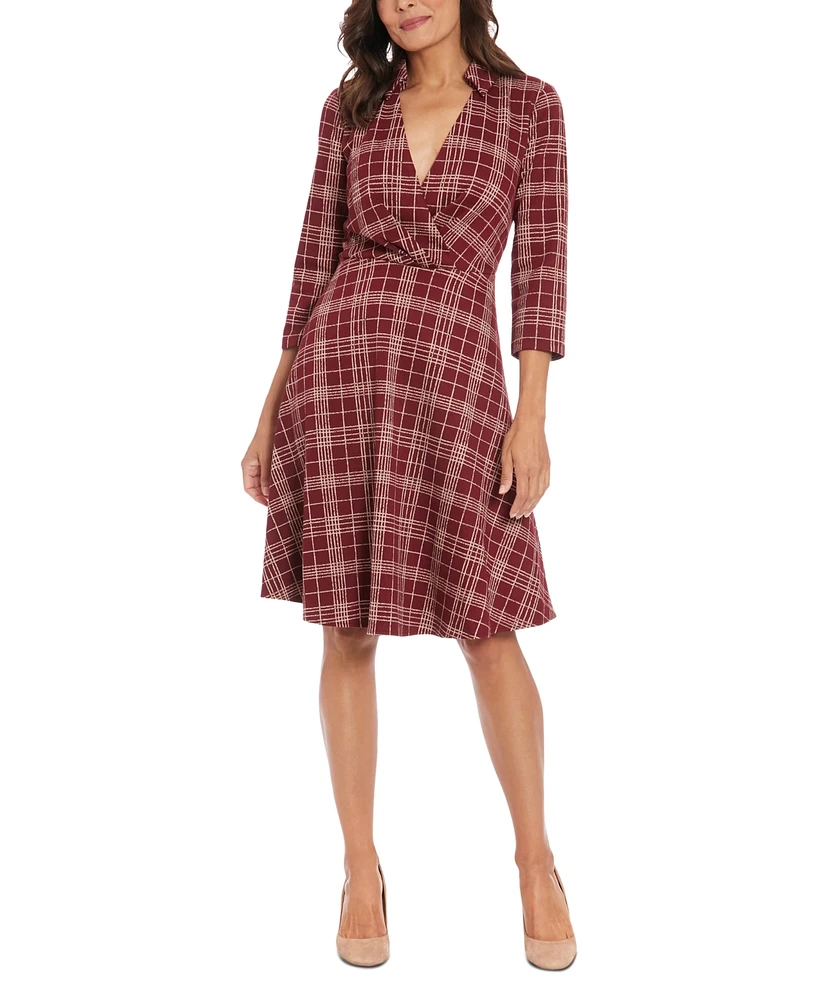 London Times Women's Plaid Collared V-Neck 3/4-Sleeve Dress