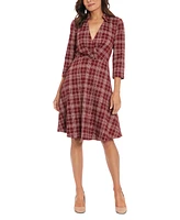 London Times Women's Plaid Collared V-Neck 3/4-Sleeve Dress