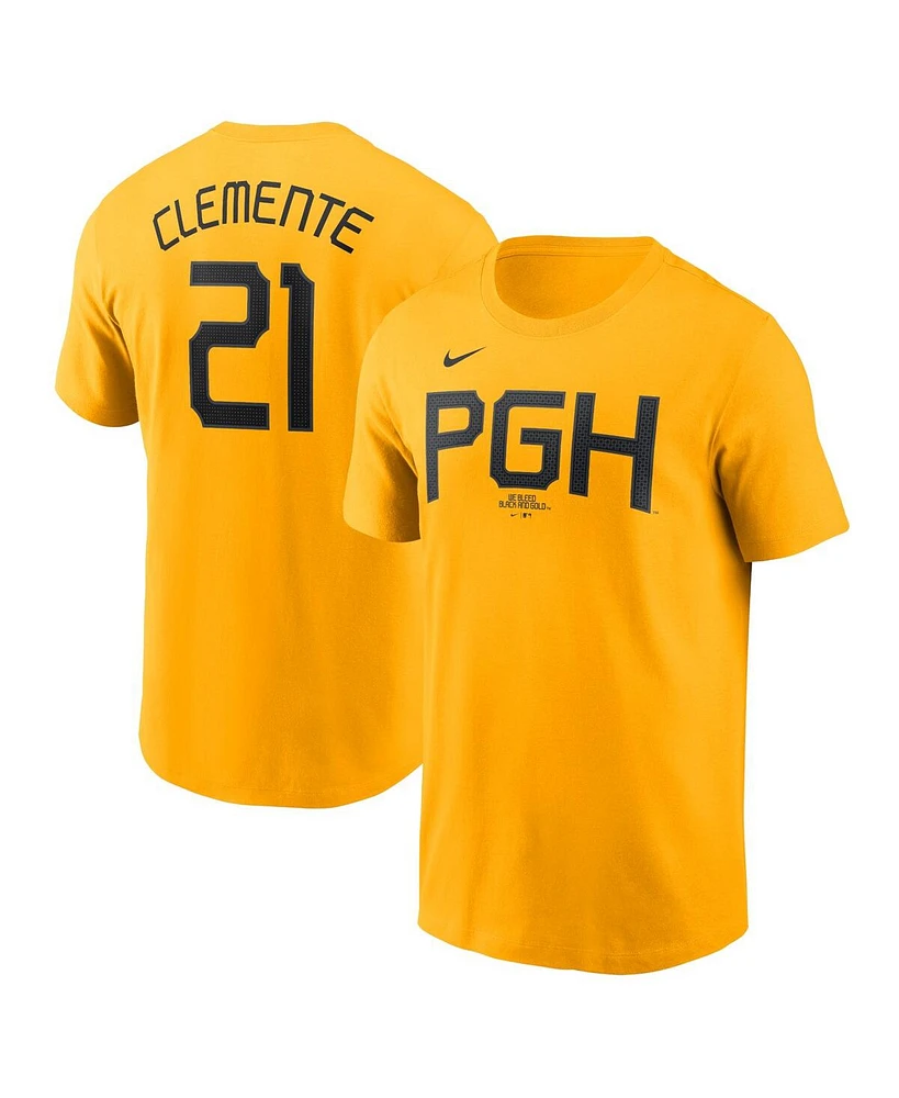 Nike Men's Roberto Clemente Gold Pittsburgh Pirates City Connect Fuse Name Number T-Shirt