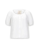 Hope & Henry Women's Bubble Sleeve Button Front Relaxed Linen Top