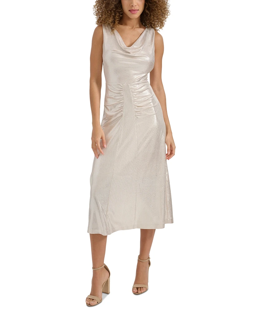 kensie Women's Metallic-Sheen Cowl-Neck Midi Dress