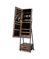 Costway Jewelry Cabinet Armoire Full Length Mirror Lockable w/ Bottom Drawer & Wheels