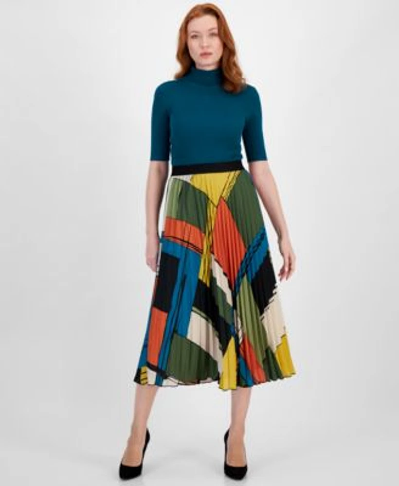 T Tahari Womens Turtleneck Printed Pleated Midi Skirt