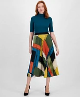 T Tahari Womens Turtleneck Printed Pleated Midi Skirt