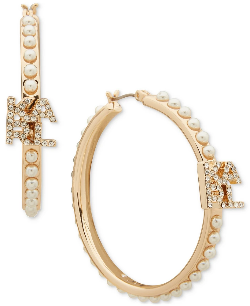 Karl Lagerfeld Paris Gold-Tone Imitation Pearl & Crystal Logo Medium Hoop Earrings, 1.42"