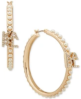 Karl Lagerfeld Paris Gold-Tone Imitation Pearl & Crystal Logo Medium Hoop Earrings, 1.42"