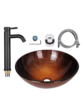 Aquaterior Round Bowl Tempered Glass Vessel Sink with Orb Faucet Mounting Ring