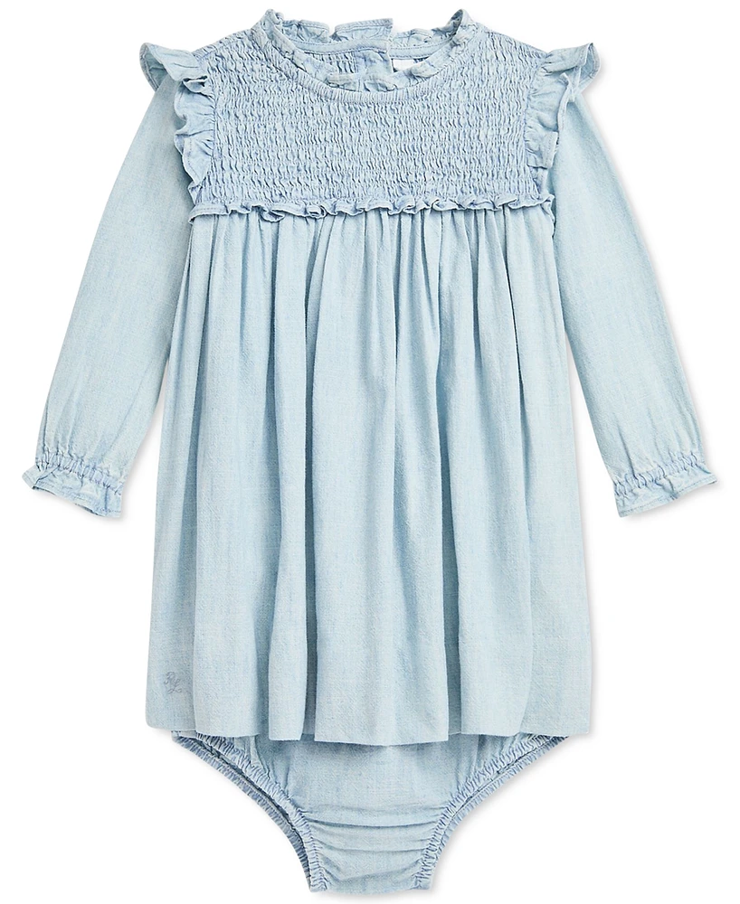 Polo Ralph Lauren Baby Smocked Ruffle-Trim Cotton Chambray Dress with Matching Bloomer