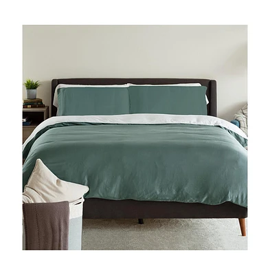 Cariloha Luxurious Sateen Color Block Duvet Cover | Queen | White/Ocean Mist | Reversible | Viscose Material | Soft, Comfortable & Wicks Moisture