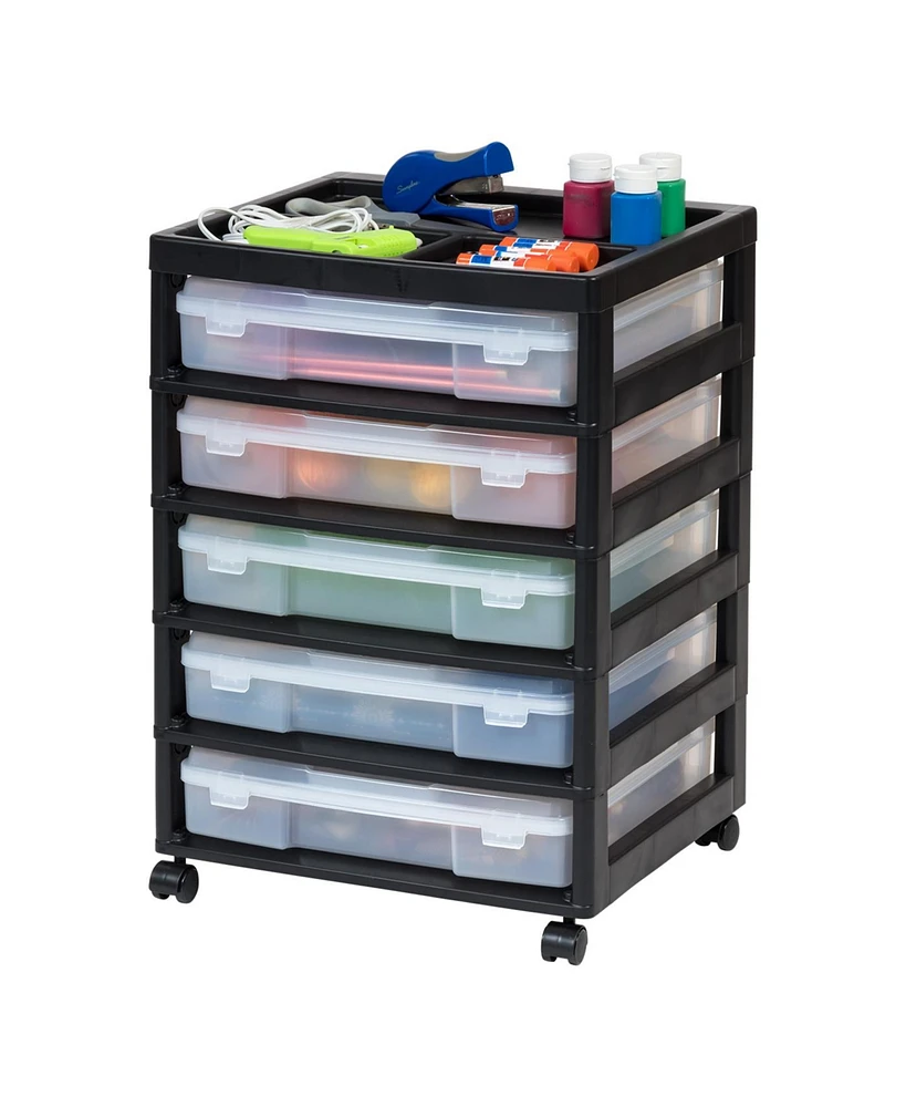 Iris Usa 5 Drawers Scrapbook Plastic Rolling Storage Cart with Organizer Top with Casters,Black