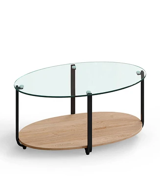 Givimo 2-Tier Glass-Top Oval Coffee Table with Wooden Shelf for Living Room