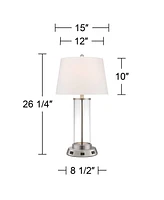 Modern Table Lamp with Usb and Ac Power Outlet Workstation Charging Base 26.25" High Cylinder Fillable Clear Glass Brushed Nickel White Drum Shad