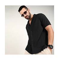 Men's Charcoal Black Self-Design Striped Shirt