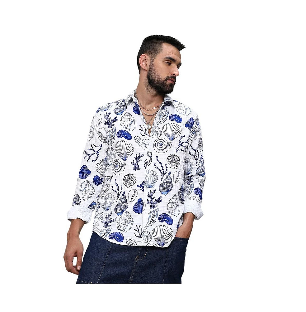 Campus Sutra Men's Chalk White:Indigo Blue Seashell Shirt